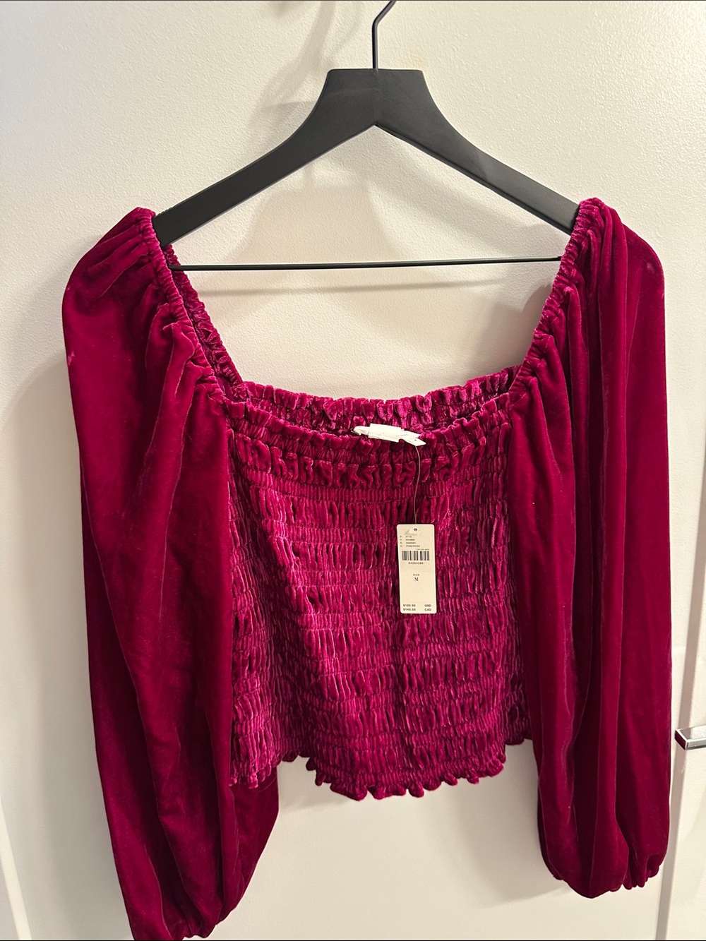 Anthropologie Velvet Smocked Off-Shoulder Top - Berry